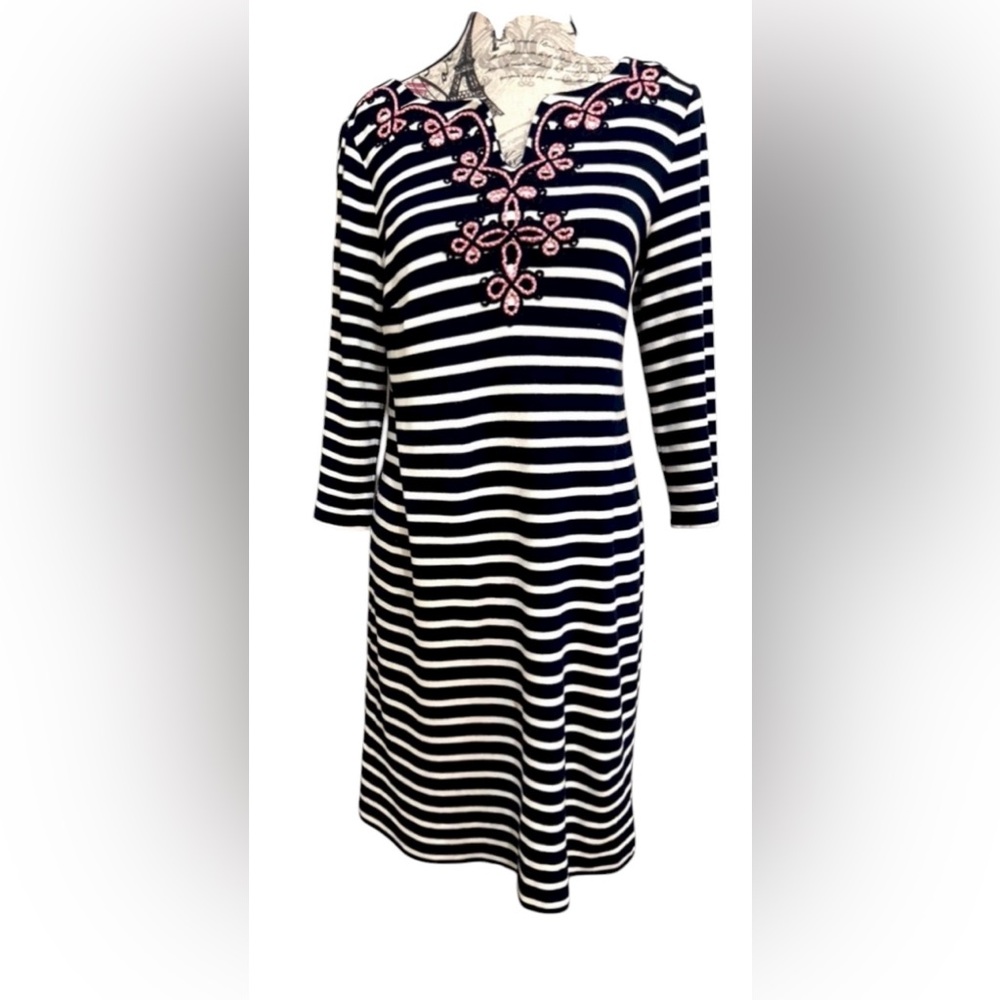 Talbots Petite Striped Dress with Embroidered Neckline - Size MP